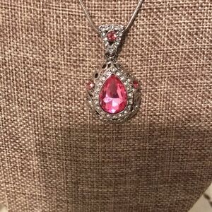 Pink teardrop and rhinestone pendant on silverware chain, new w/o tags